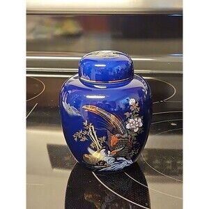 Vintage Kutani Style Cobalt Blue Ginger Jar Gold Trimmed Birds In Garden 5"